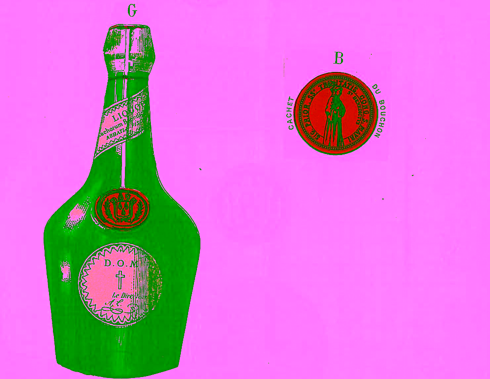 Illustration of the 1864 Bénédictine trademark registration, featuring the first registered bottle and its official seal.