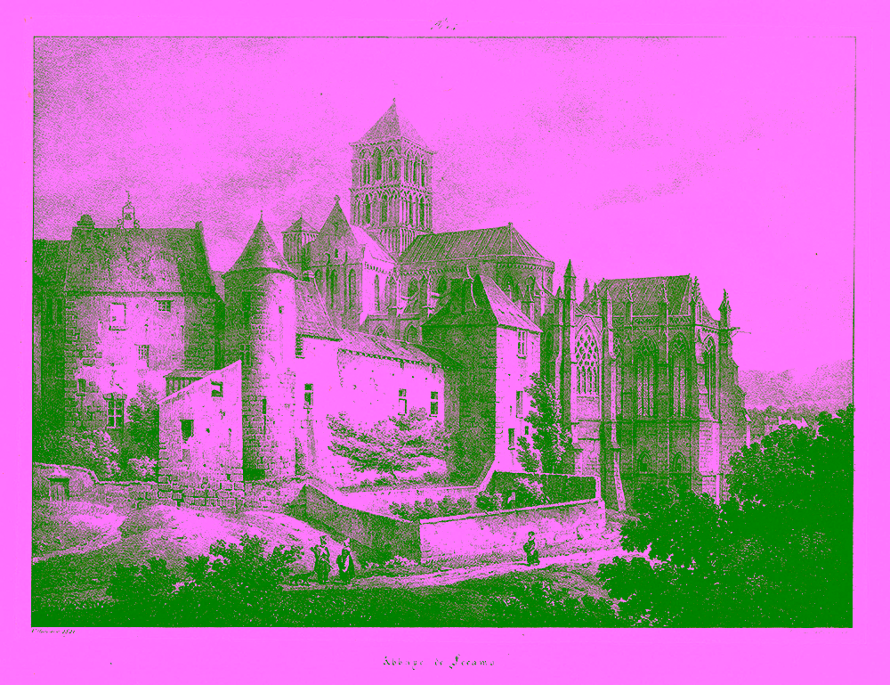 Historical engraving of Fécamp Abbey showing the abbey church and monastic buildings.
