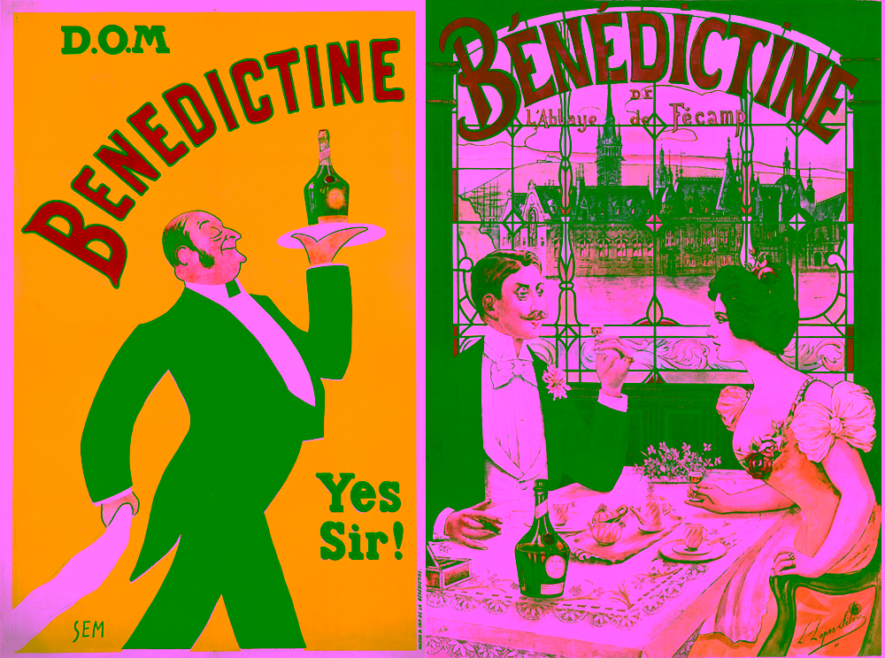 Two vintage Bénédictine advertising posters, one depicting a waiter carrying a bottle on a tray and the other a tasting scene set against a view of the Palais Bénédictine.