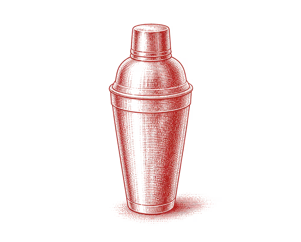 Illustration d'un shaker à cocktail avec un corps conique et un couvercle dans un style rouge texturé.